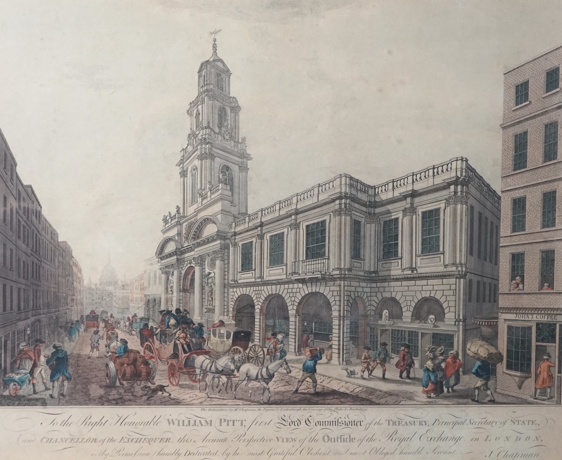 Bartolozzi after J. Chapman and Lutherburgh, An accurate perspective view of the outside of the Royal Exchange in London, and View of the inside of the Royal Exchange in London, coloured engravings, a pair, overall 44 x